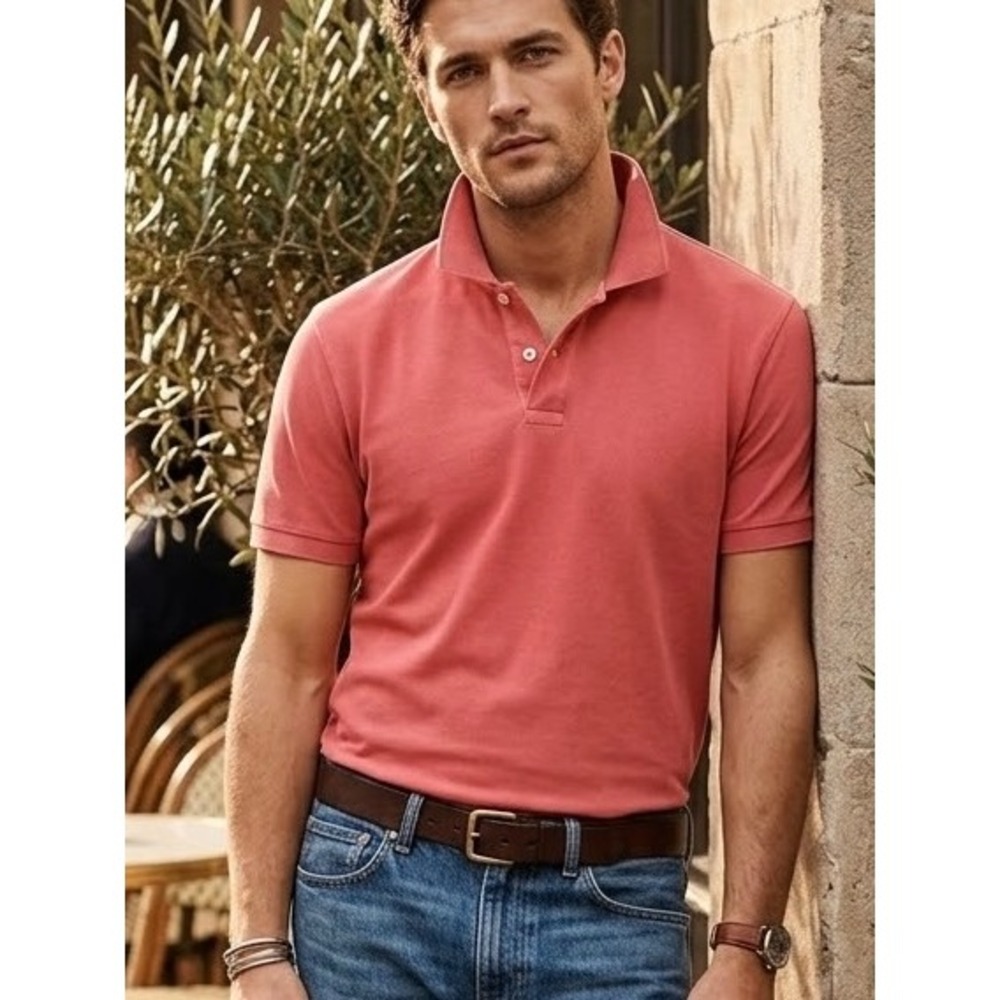 J.Crew Flex Pique Polo Shirt Mens Medium Coral Pink Short Sleeve Cotton Blend